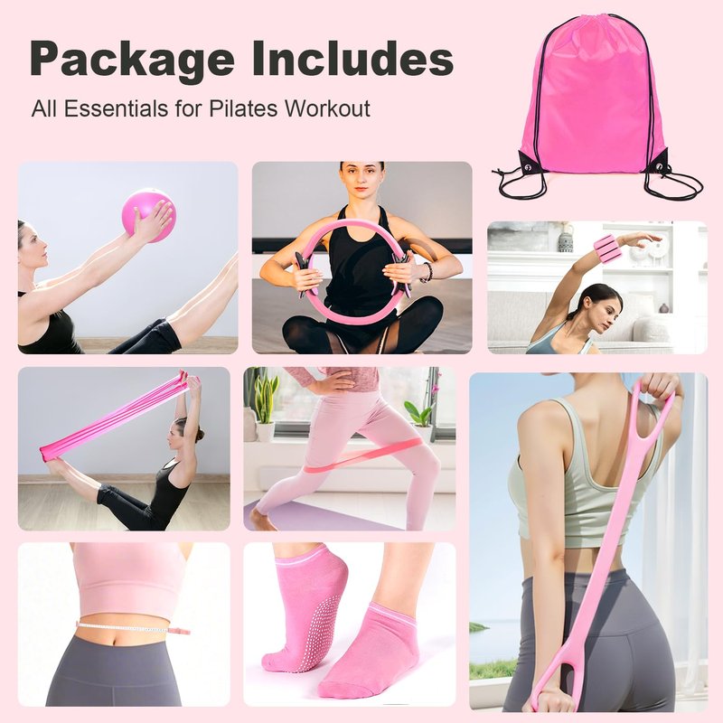 SHTALHST Home Pilates Kit 14 PCS, Pilates Ring and Ball Set with Adjustable Ankle Wrist Weights and Resistance Bands for Women Workout Set, Yoga Essentials Kit Equipment Accessories for Home Workouts