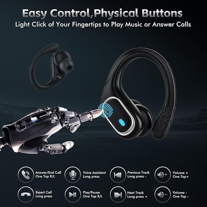 HAOYUYAN Wireless Earbuds Bluetooth 5.3 Headphones with 80H Playback, IPX7 Waterproof Over Ear Buds with LED Power Display for Sports Running Workouts Gray Black