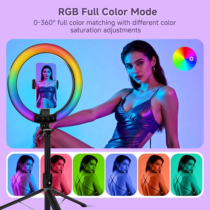 10" Ring Light with Stand 74'' Tall & Phone Holder, RGB Full Color Modes Selfie