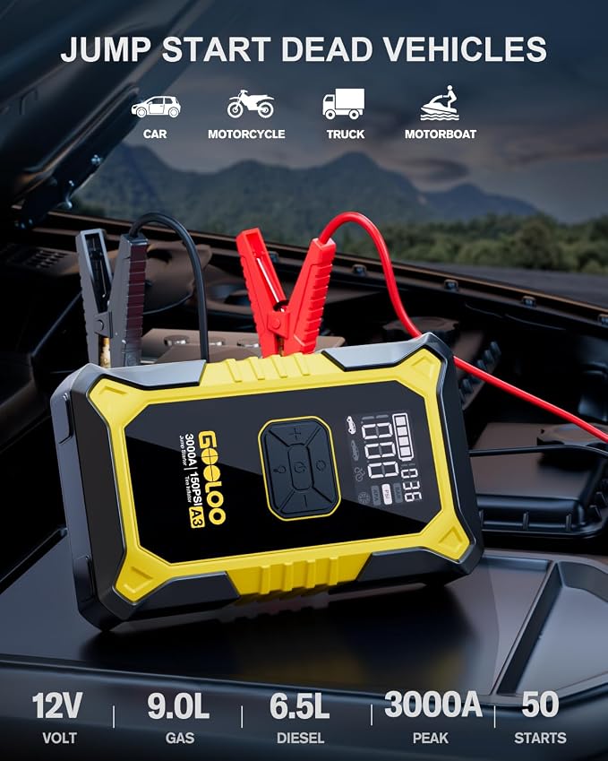 GOOLOO A3 Jump Starter with Air Compressor, 3000A Portable Car Battery Jumper Starter (9.0L Gas/6.5L Diesel) with 150PSI Auto-Shutoff Tire Inflator, 12V Supersafe Lithium Jump Box Car Booster, Yellow