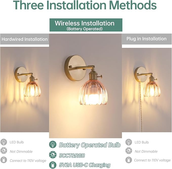Vintage 5000 mAh Battery Operated Wall Sconce with Pink Clear Tulip Glass Lampshade Rechargeable Battery Powered Wall Light with Remote Control for Bedroom Doorway, Set of 2
