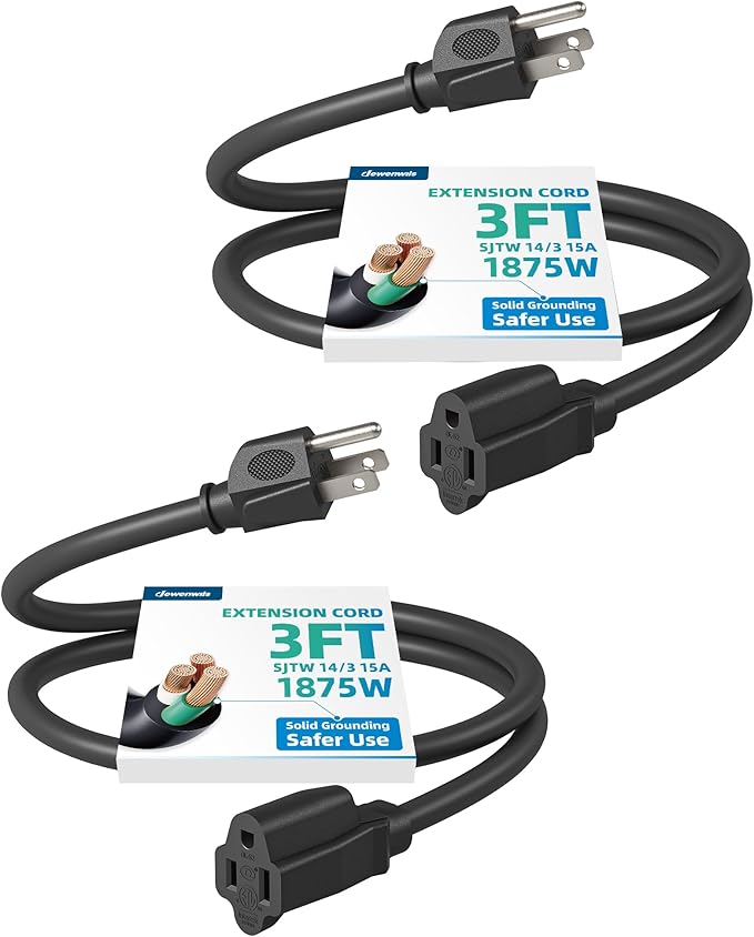 DEWENWILS Extension Cord 3ft, 14/3 SJTW Weatherproof Power Cable for Indoor Use, 3 Prong Heavy Duty Power Cord, NEMA 5-15P to NEMA 5-15R, Black, ETL Listed, 2 Pack