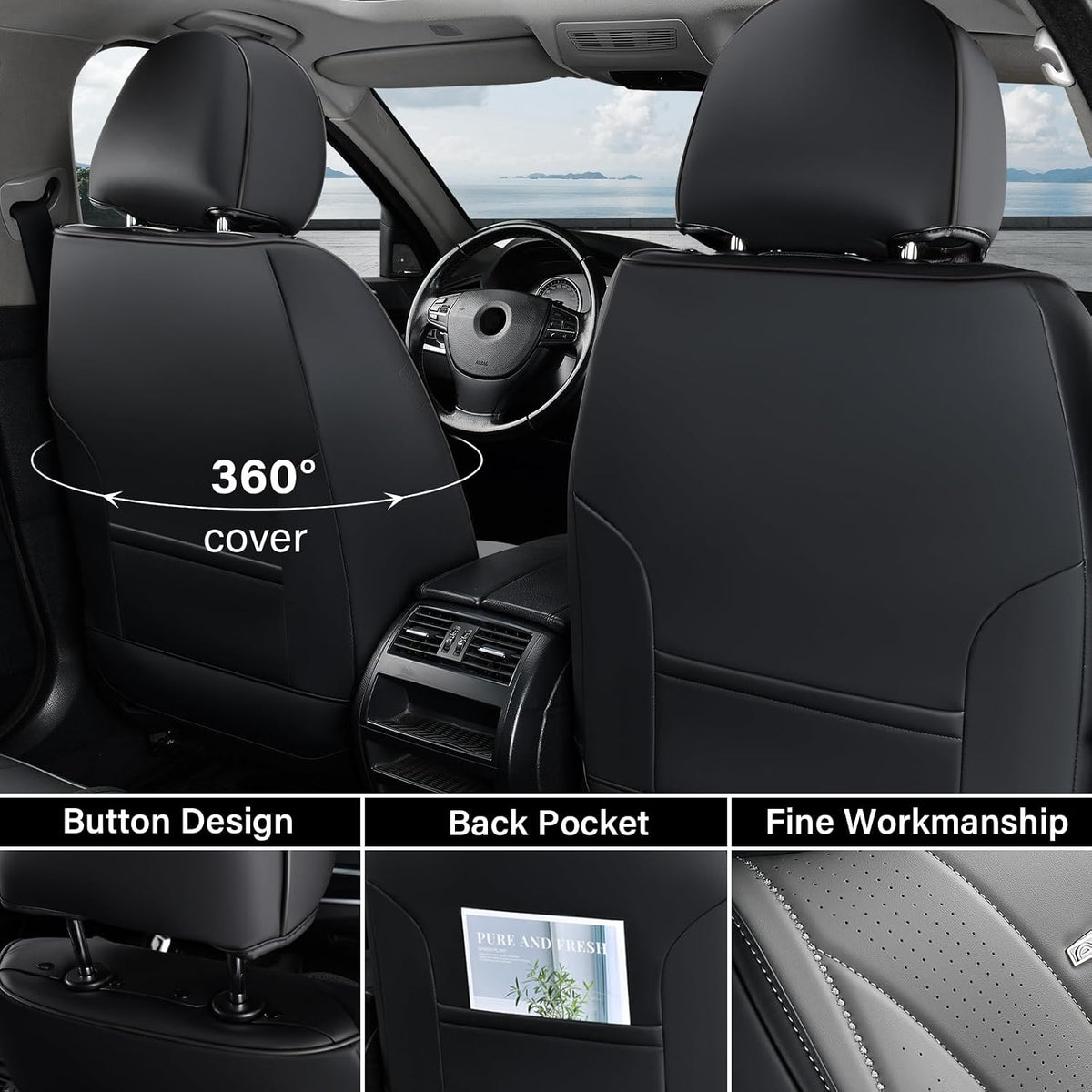 Coverado Seat Covers Full Set, Leather Car Seat Covers, Waterproof Seat Covers for Cars, Front and Back Seat Covers, Car Seat Protectors Car Seat Cushions Universal Fit for Most Cars, Black&Gray