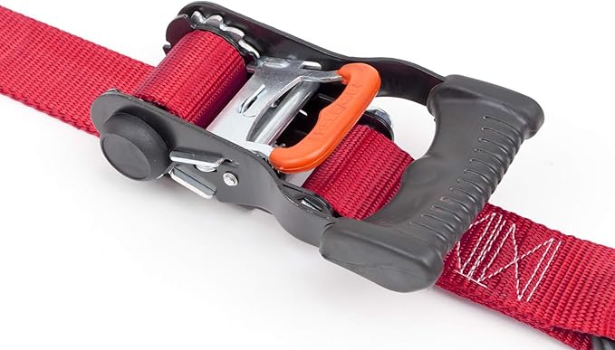PowerTye 1.5in x 7ft Ergonomic Locking Ratchet Straps with Heavy-Duty S-Hooks - Made in USA - 1,000 lb. Working Load Limit / 3,000 lb. Breaking Strength - Red (Pair)