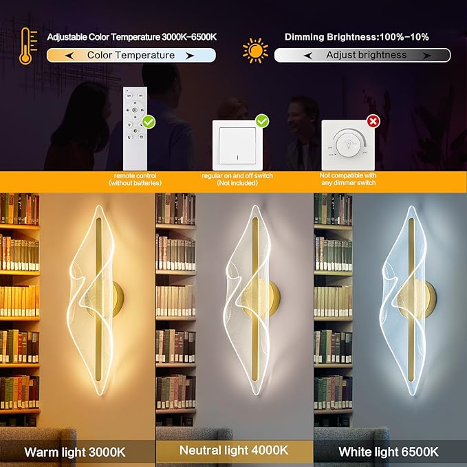 Modern Gold Wall Sconce 17.3In LED Wall Lamp with Remote Control Dimmable Acrylic Sconces Wall Lighting for Living Room Hallway Bathroom Bedroom Stairs