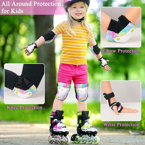 FIODAY Kids Knee Pads Set - Adjustable Protective Gear with Elbow Pads & Wrist Guards | Rainbow, 3-8 Years