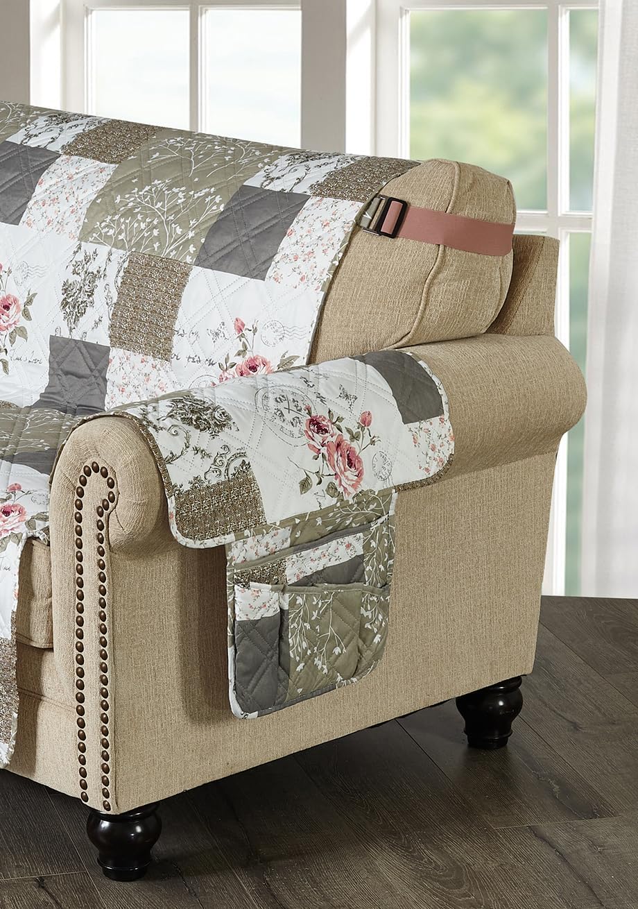 Brilliant Sunshine Pink Rose & Grey Toile Couch Armrest Cover, 35"×13"