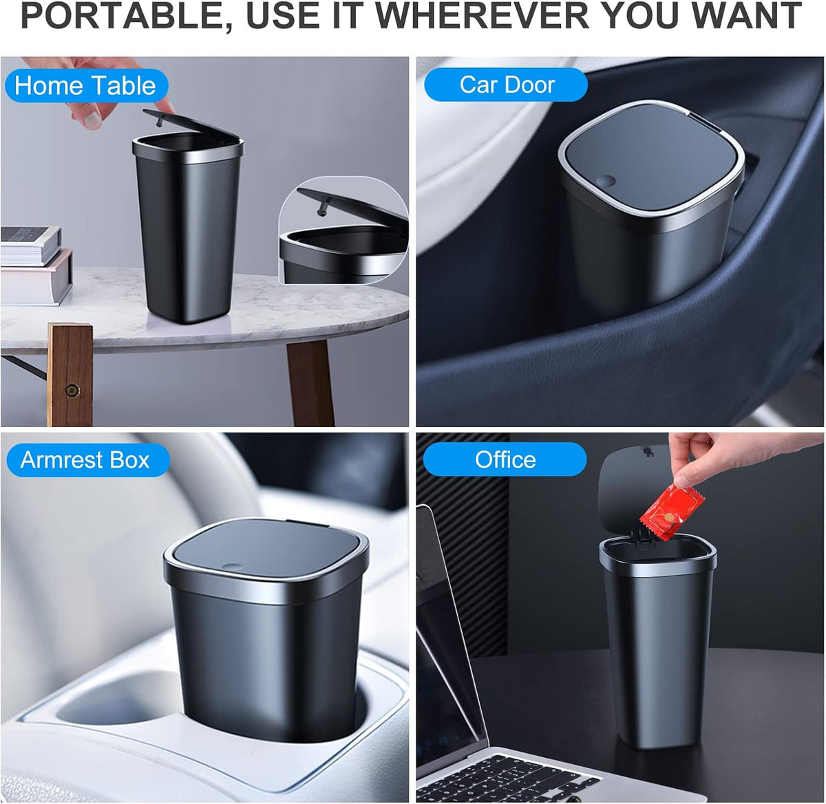 2 Pack Mini Car Trash Can with Lid and 90 Bags, Small Cup Holder Trash Can for Car Door Home Office Bedroom Desktop - Waterproof & Odor Blocking (2Black)