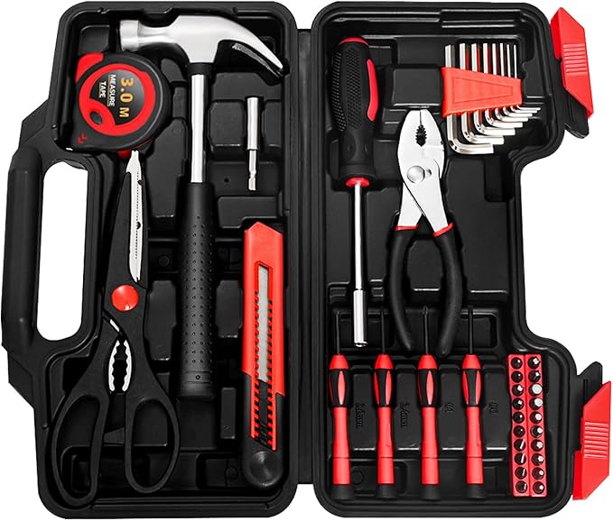 39 Piece Home Tool Kit General Household Hand Tool Set small tool box with Toolbox Storage Case for Everyday Home Repairs, Mini Tool kit for Women,Red