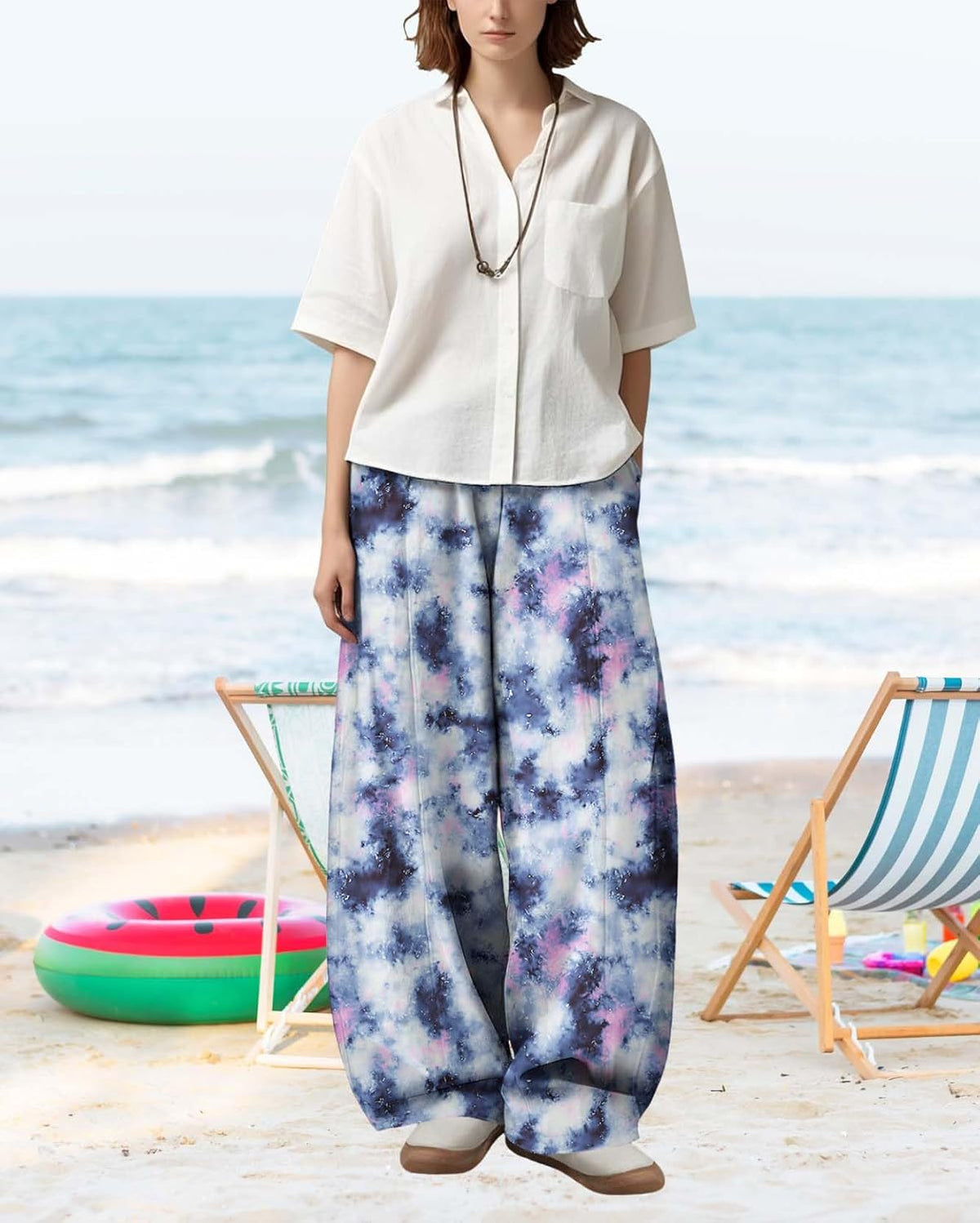Skiennix Women's High Waist Wide-Leg Pants - Vibrant Color Print | Casual Summer Fashion with Pockets