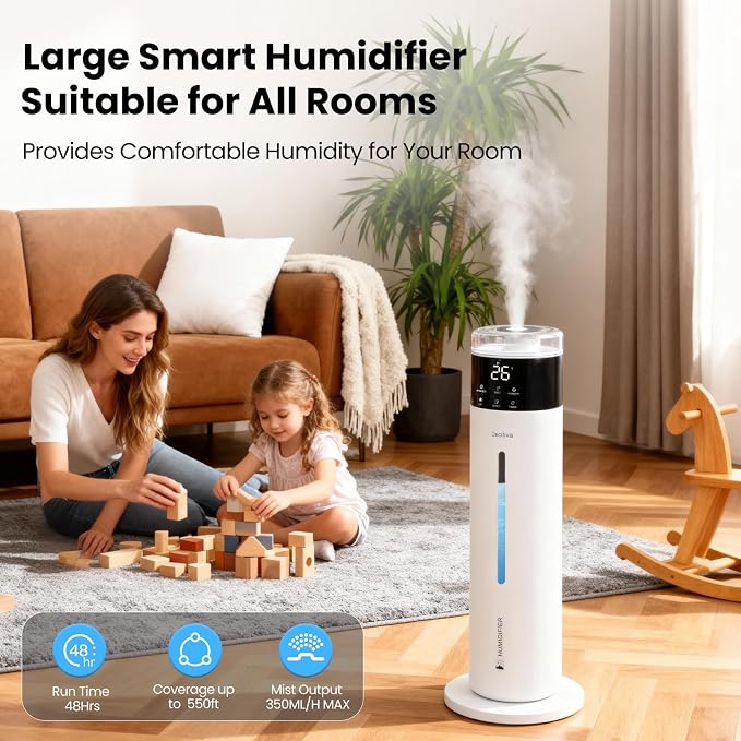 Large Humidifier for Bedroom, 8L/2.1Gal Ultrasonic Cool Mist, Remote control,Easy Clean with 350ML/H Large Mist Speed, Suitable for Kids Room Plant Yoga Study Room Office (White)