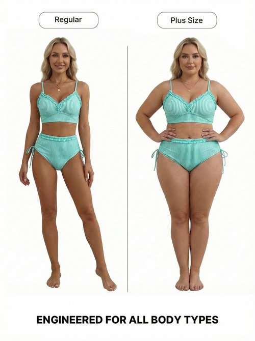 Herseas Women's Splice Ruffle Trim Bikini Sets Tie Side Wire Free Swim Suits 2026 Removable Pads High Waisted Stretchy Bathing Suits Green Stripes Vintage Holiday Teens Outfits Medium