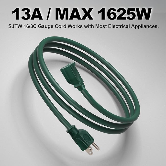 EP 10FT Green Outdoor Extension Cord, 16/3 SJTW Heavy Duty Waterproof, 3 Prong Grounded Plug, 13A 1625W 16AWG, Cold-Resistant Flexible Power Cable for Garden, Home, Christmas Lights