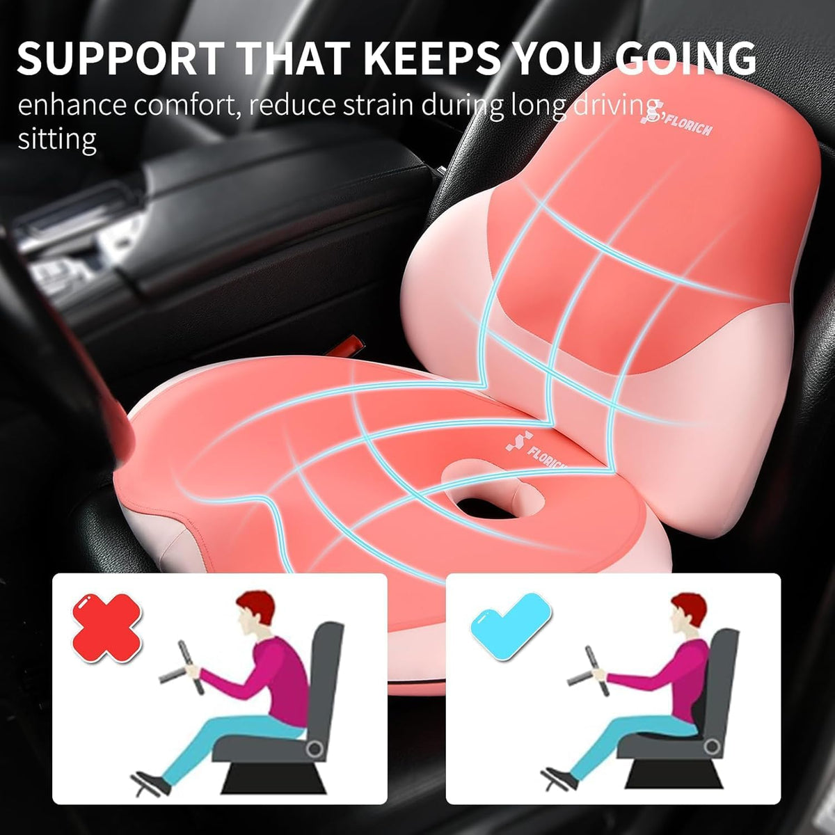 FLORICH Seat Cushion and Lumbar Support Pillow for Office Chair Car Neck Headrest Pillow Memory Foam Seat Pads Pressure Relief Back Cushion and Carseat Pads(Pink)