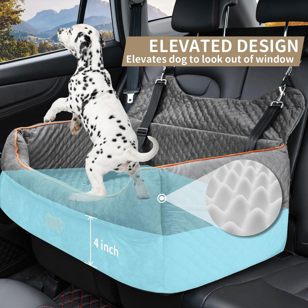 Dog Car Seat for Large/Medium Dogs - Memory Foam Dog Booster Seat for Under 55Lbs or 2 Small Dogs-Detachable and Washable Travel Bed with Thick Cushion and Storage Pockets-Grey
