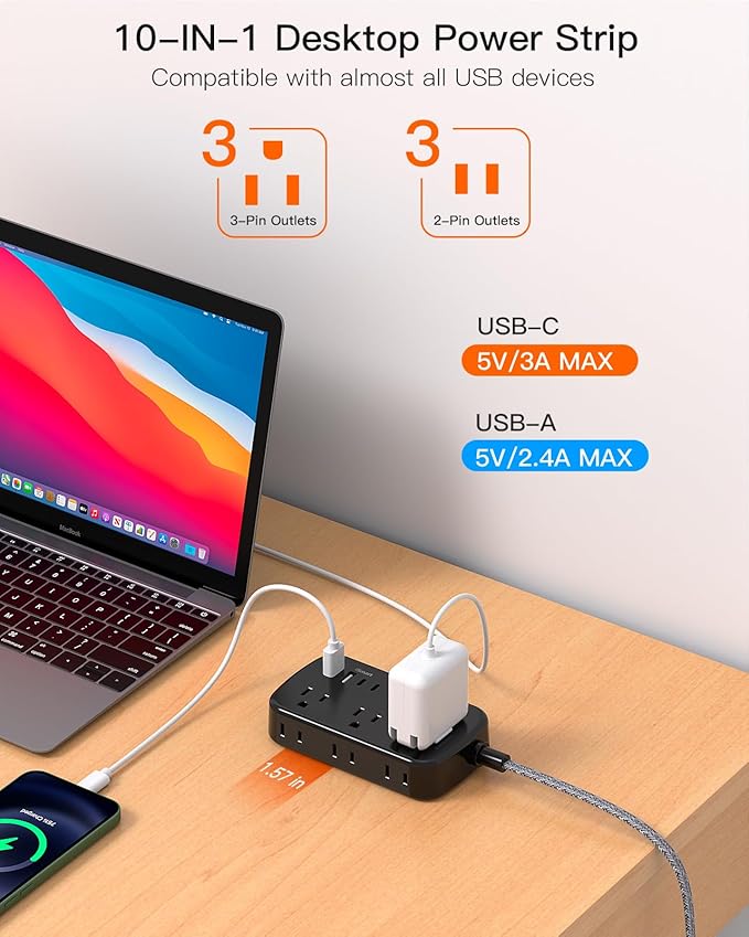 Extension Cord 20 Ft, BESHON Flat Plug Power Strip with 6 Outlets with 4 USB Ports(2 USB C), No Surge Protector for Home Office College Dorm Room Travel Essentials, Black