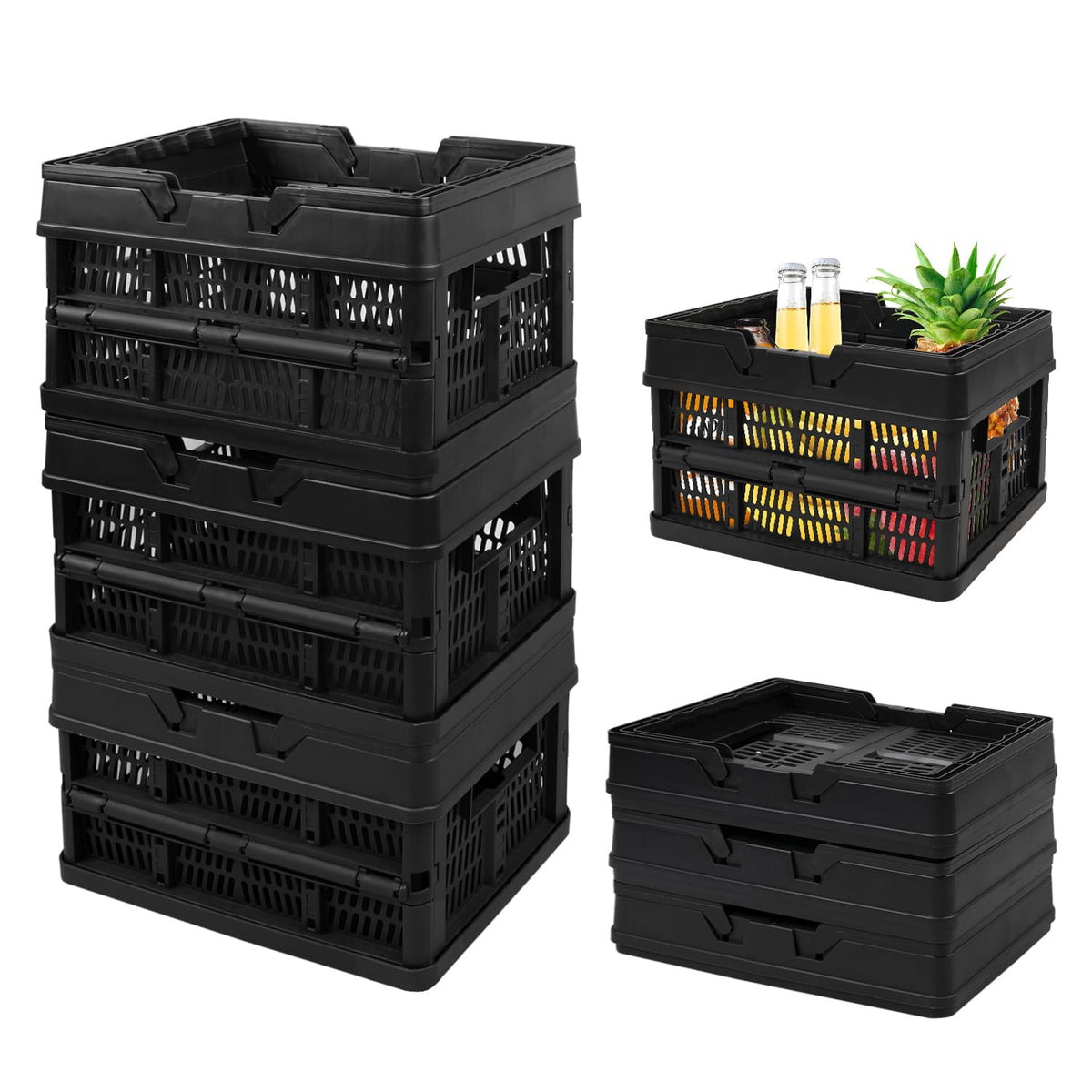 EasyFold Collapsible Crate, Collapsible Shopping Basket, Milk Crate, 3 Pack (9L (2.4 Gal), Black)