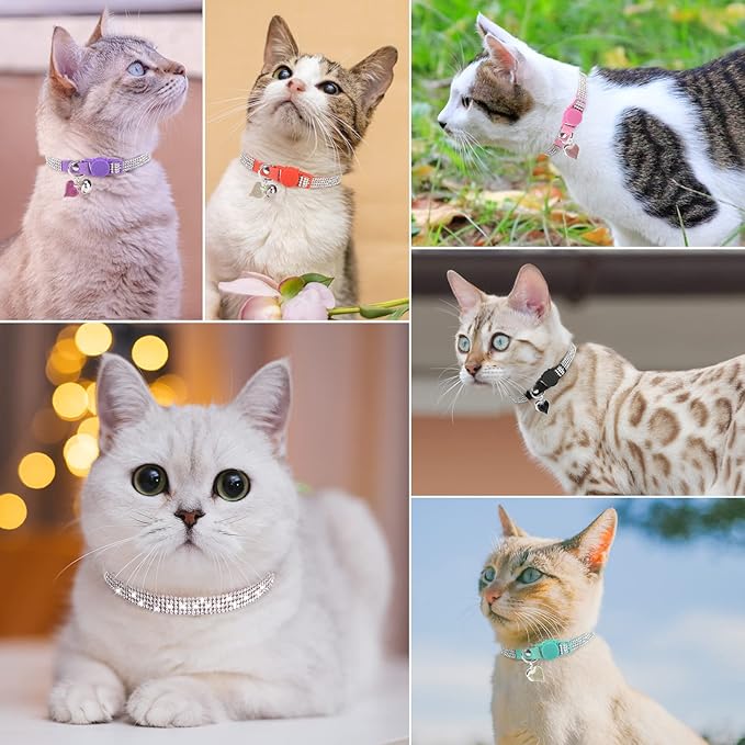 Rhinestone Cat Collar Breakaway with Bell, Diamond Cat Collar with Safety Buckle Quick Release for Girl Boy Small Kitten Pets Puppy,Cute Soft Female Male Cat Collars,Color Pink & Purple 8-12"