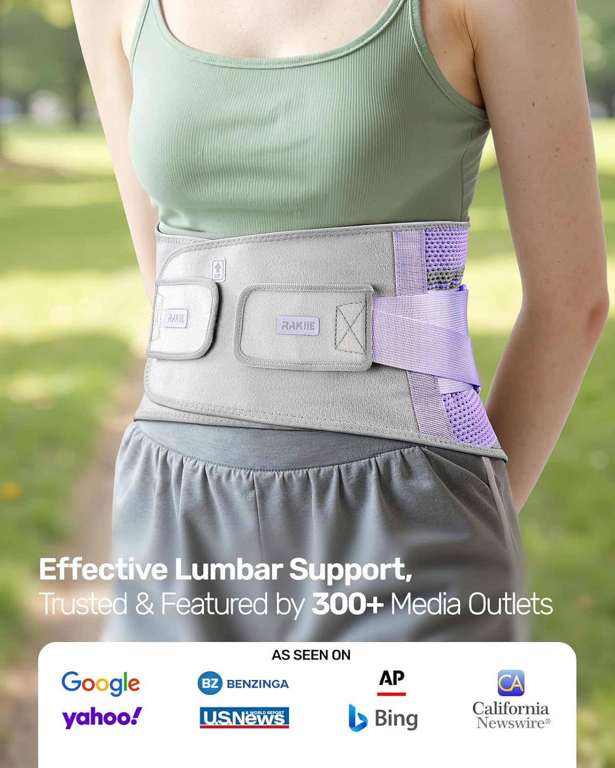 Rakiie Back Brace - Ergonomic Lumbar Support for Lower Back Pain Relief | Breathable Mesh, Purple M (Waist: 32.3"-39.8")