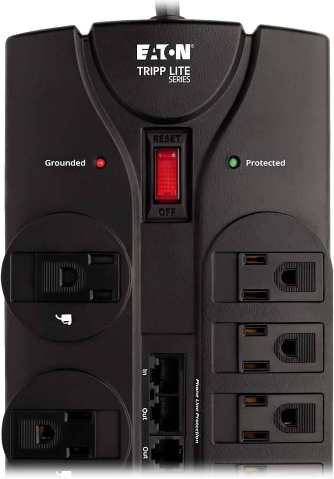 Eaton Tripp Lite TLP1208SAT Home Theater Surge Protector Power Strip, 12 Outlets, Flat Plug 8ft Extension Cord, 2880 Joules Coax, RJ11 and RJ45 Port for Phone, TV, WiFi Router, & Ethernet Protection