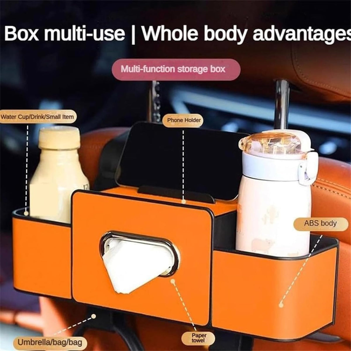 3 in 1 Car Backseat Organizer with Cup Holder, Leather Multifunctional Seat Back Storage with Tissue Box, Phone Holder and Hooks, for Hold Phones, Snacks, Drinks, and Handbags (White,1PCS)