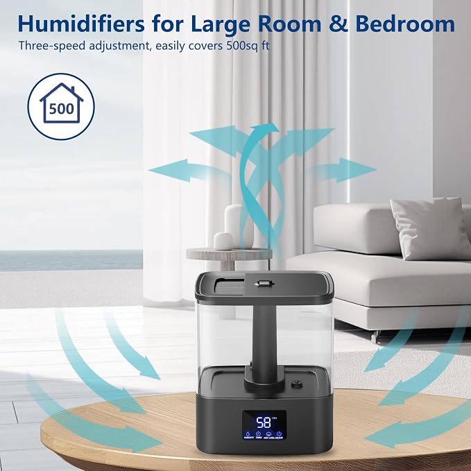 KZF 4L Top Fill Humidifiers for Bedroom & 60H Runtime - Cool Mist Humidifier, 3 Mist Levels, 8H Timer, Essential Oil Tray, Humidity Display, Quiet for Bedroom, Baby, Plants, Large Room (Black, 4L)
