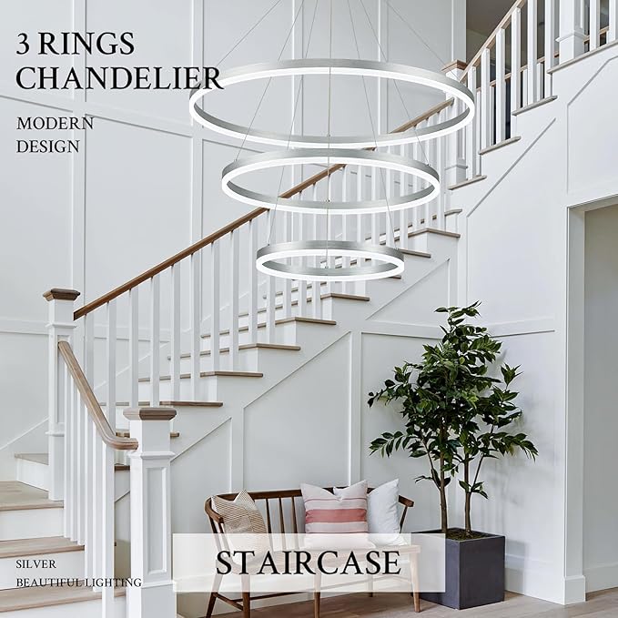 3-Rings Modern LED Chandelier Silver, Dimmable Pendant Lighting