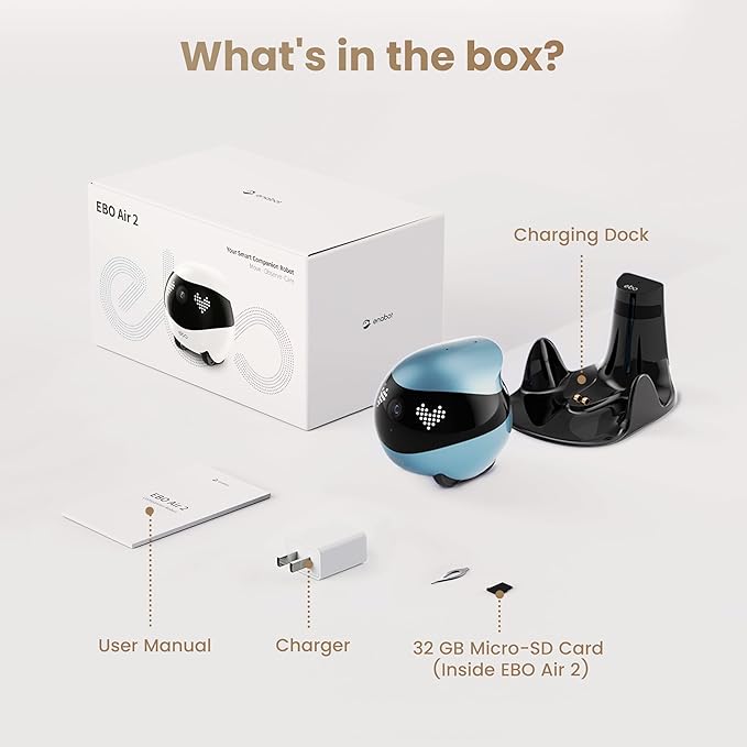 Enabot EBO Air 2 FamilyBot Indoor Security Camera Robot: 2K Pet Camera, Movable Home Robot, Custom Facial Expression, Auto-Recharge, Battery-Operated, 2-Way Talk, Night Vision(Jay Blue)
