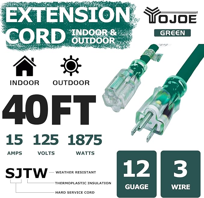 YOJOE Indoor Outdoor Extension Cord with Lighted End, 3 Prong 15A Weatherproof Power Cord, 12 Gauge Heavy Duty 40 ft Green Extension Cord for Garage, Garden and Home, 12/3 SJTW UL Listed