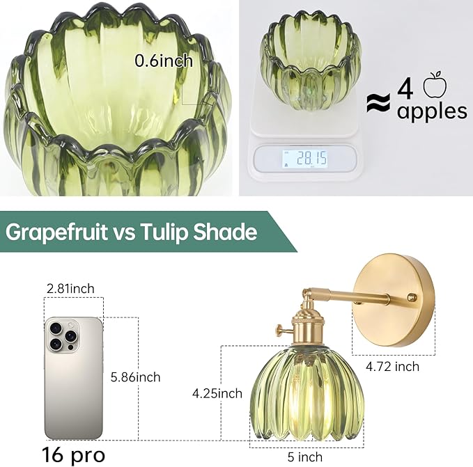 Vintage Wall Sconces with Green Tulip Glass Lampshade 180 Degree Adjustable Brass Sconces Hradwired Modern Wall Lighting Fixture with Switch for Bedside Bedroom Doorway