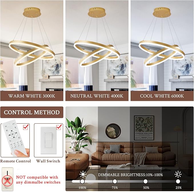 Modern LED Chandelier Gold 2-Rings Pendant Light Circular Flush Mount Ceiling