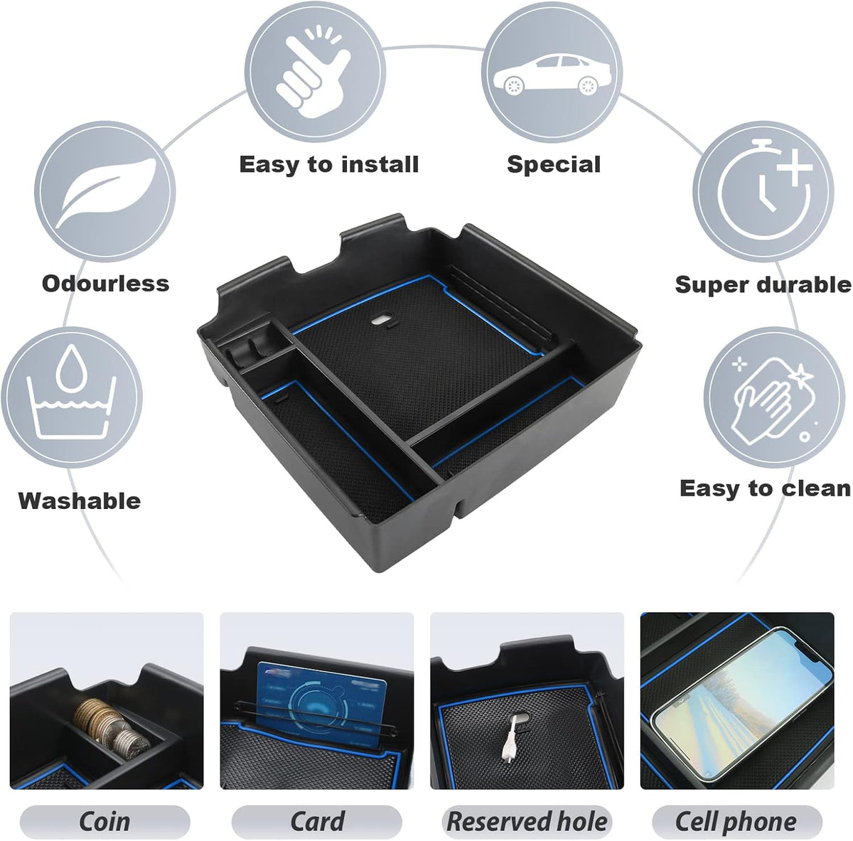 SKTU for 2022-2026 2027 Kia Carnival Center Console Organizer 2022-2025 2026 2027 Carnival Accessories Insert ABS Materials Tray 2024 2025 2026 2027 Carnival Console Tray with Coin and USB Hole (Blue)