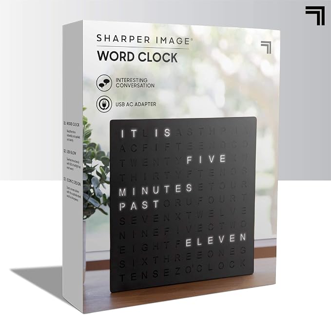 Sharper Image LED Word Digital Clock, Light-Up Desk & Wall Clock, Modern Time