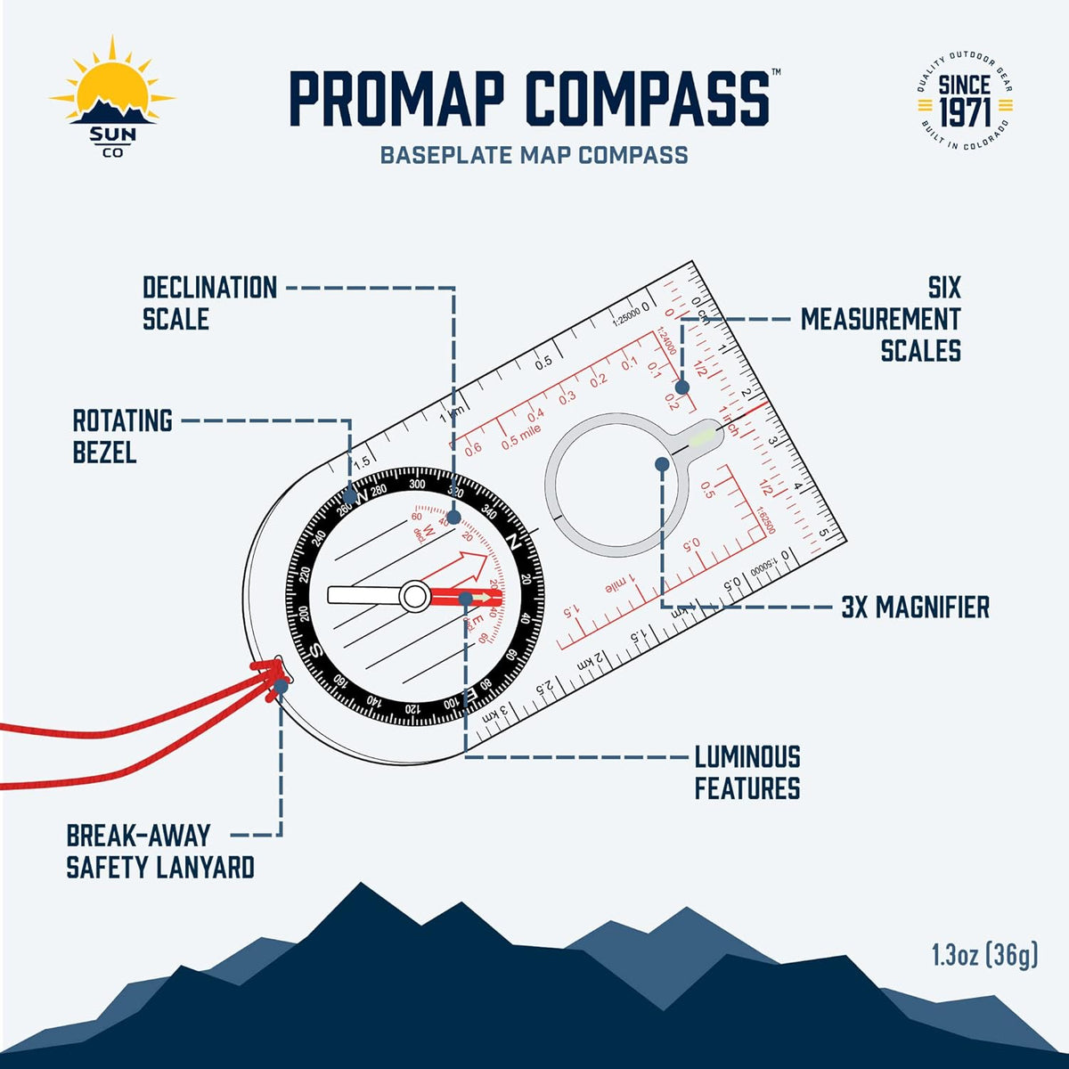 Sun Company ProMap - Ultra Lightweight Baseplate Compass with Declination Scale | Perfect for Hiking & Camping Navigation