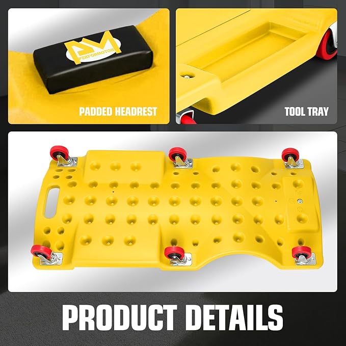 PM PERFORMOTOR 36" L X 17" W x 4.25" H Vehicle Repair Low Profile Automotive Creeper w/Padded Headrest, Yellow, PM-TOL-CPC36-YL