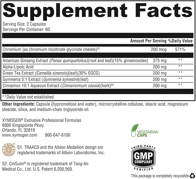 XYMOGEN CinnDromeX - Supports Metabolic Health, Healthy Blood Lipid Levels in The Normal Range, and Healthy Nerve Function - Cinnamon Supplement with Chromium, ALA, Ginseng + Green Tea (120 Capsules)