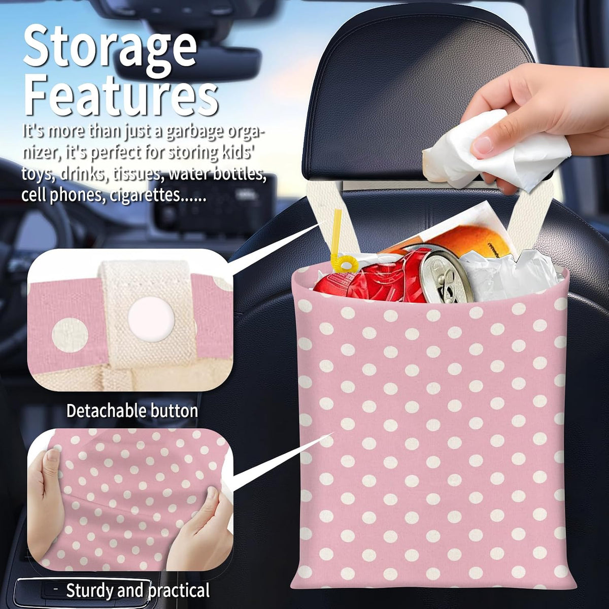 Hanging Car Garbage Bag, Cute Car Trash Can Bag, Automotive Accessories for Women Men Cute Pink Dot