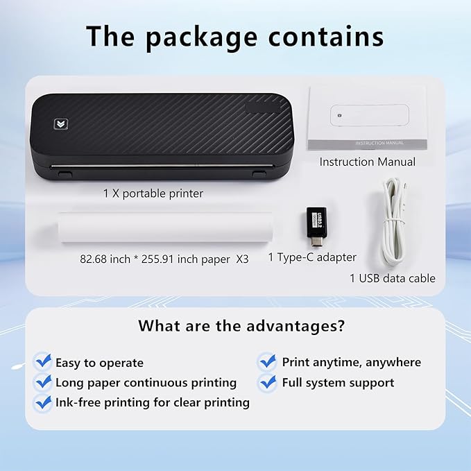 Portable Printer for Travel Bluetooth, Inkless Travel Printer, supports thermal