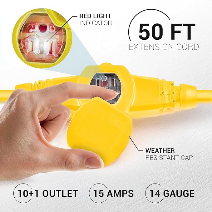 COLSEN Extension Cord with Multiple Outlets – 50 ft Heavy Duty 16 Gauge Power SJTW Cable, 15 Amp 3 Prong 11 NEMA Multi Plug, 14 AWG Male to Female Connector, 5-15R Female Socket, Outdoor/Indoor Yellow