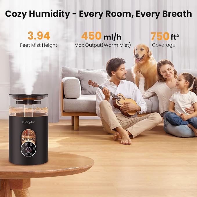 Warm & Cool Mist Humidifier - GloryAir Black 6L Quiet Top Fill Humidifiers for Bedroom Large Room with Smart Humidity Control, Remote Control, 7-Color Light, Humidistat, Oil Diffuser for Baby & Plants