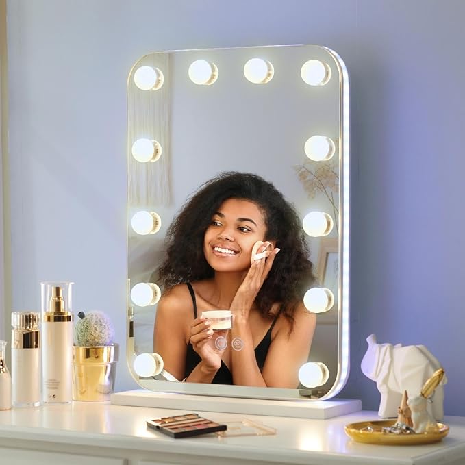LUXFURNI Vanity Mirror with Lights, Lighted Makeup Mirror with 14 Dimmable Bulbs, Tabletop RGB Color Changing LED Mirror, 3 Color Mode, Touch Control, 20.3" L x 14" W
