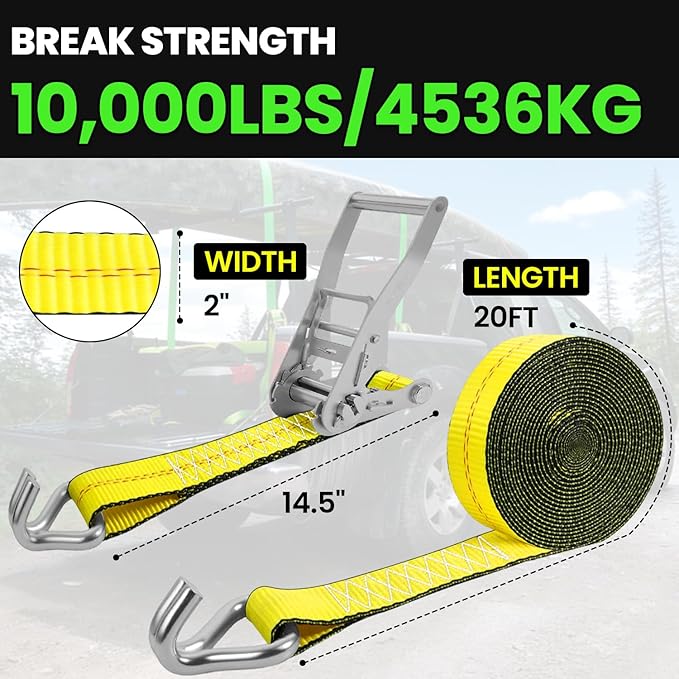 2 Inch Ratchet Straps Heavy Duty - 20ft Ratchet Tie Down Straps with J Hook - 10,000lb Break Strength Ratchet Tie Down Strap - Heavy Duty Ratchet Straps - Cargo Straps for Truck, Lawn Equipment
