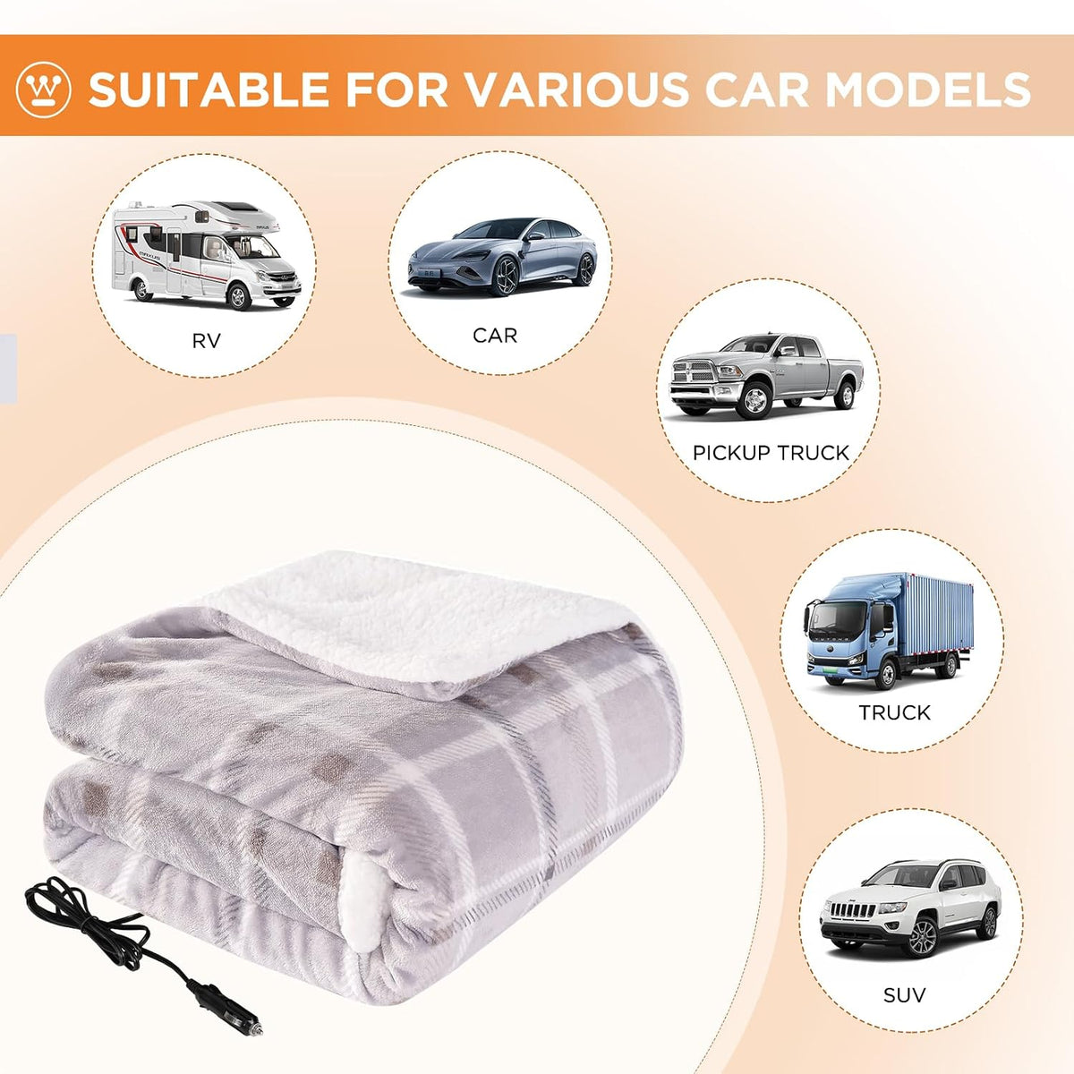 Westinghouse Heated Car Blanket, 12-Volt Electric Blanket for Car, Truck, SUV, RV, Portable Heated Throw for Camping, Beige Buffalo Plaid, 59" x 43”