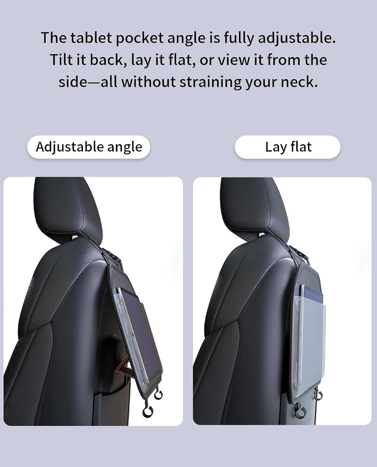 Car Tablet Holder, Backseat Headrest Mount for iPad, Adjustable Seat Organizer with Touch Screen Pocket & Storage Hooks, Fits 7-11 Inch Tablets, Kids Travel Accessory