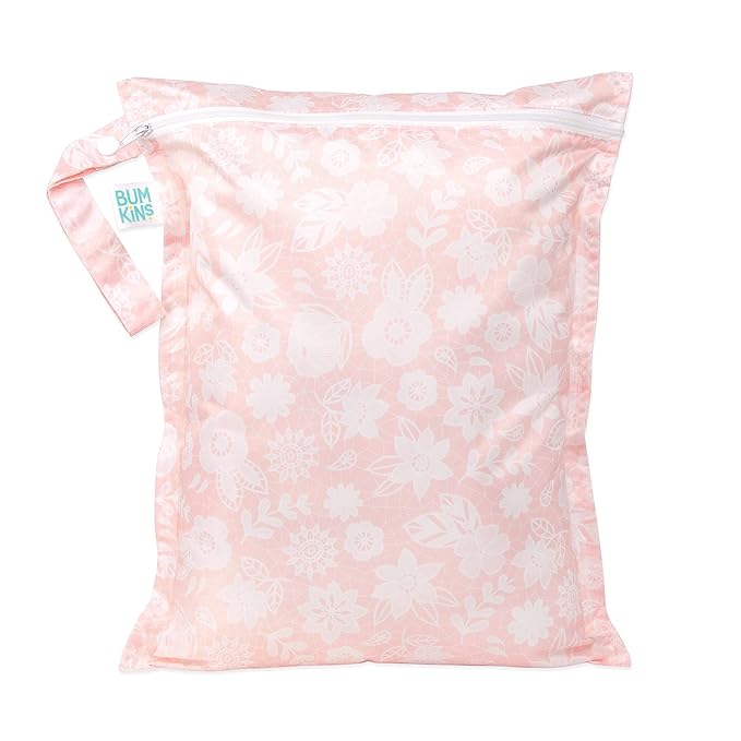 Bumkins Waterproof Wet Bag for Baby, Travel, Swim Suit, Cloth Diapers, Pump Parts, Pool, Beach, Gym Clothes, Toiletry, Hook to Stroller, Daycare, Zipper Reusable Wetdry Packing Pouch, Lace Pink