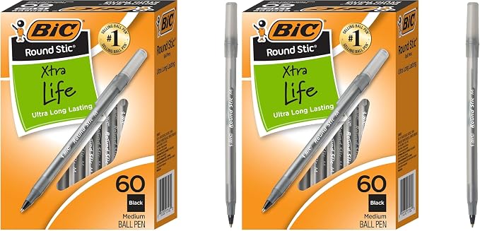 BIC Round Stic Xtra Life Ballpoint Pens, Medium Point, 60-Count Pack, Flexible