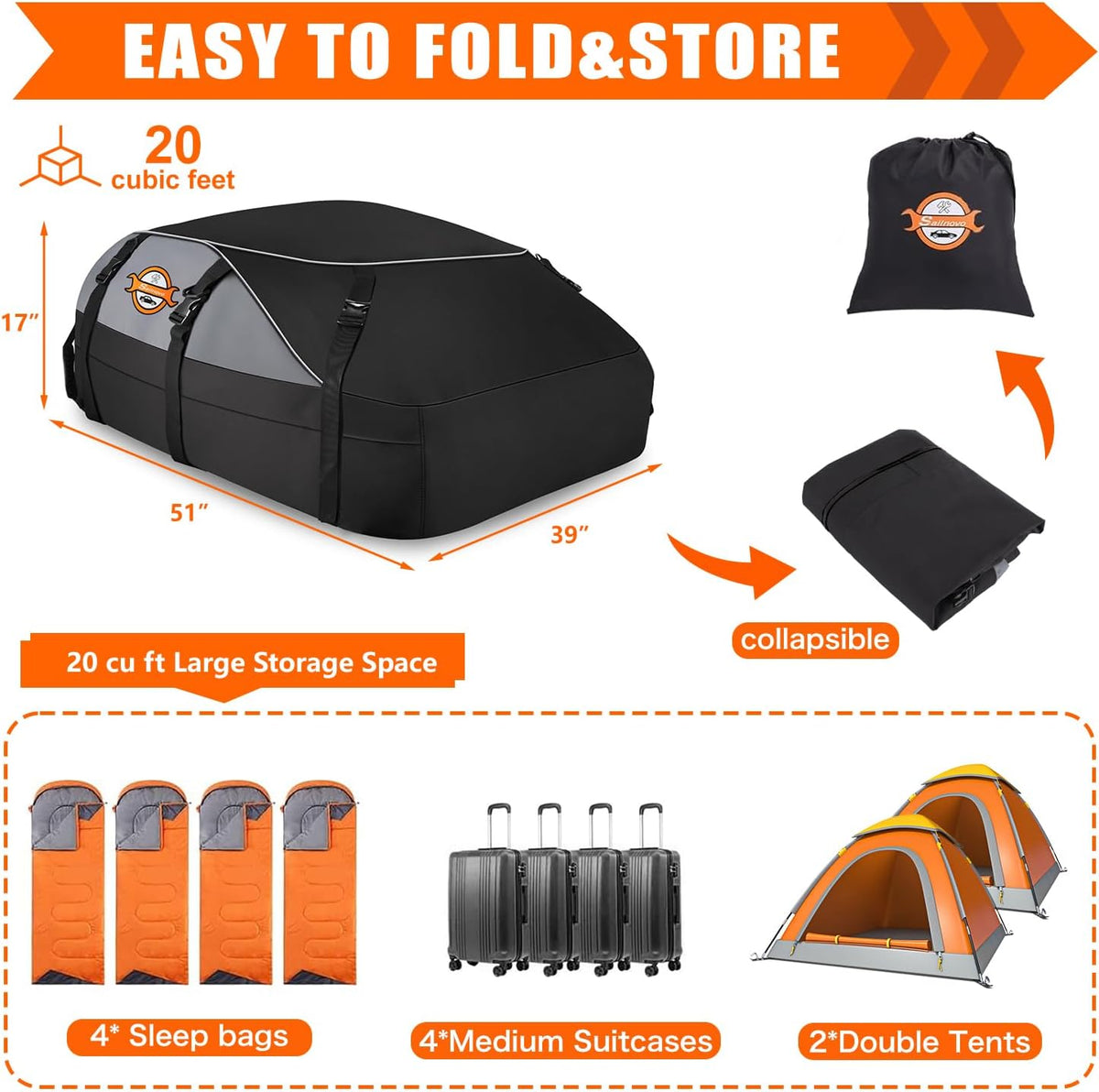 Sailnovo Rooftop Cargo Carrier - 20 Cubic Feet Waterproof Roof Bag with 6 Tie-Down Straps | Ideal for Cars with or Without Rack