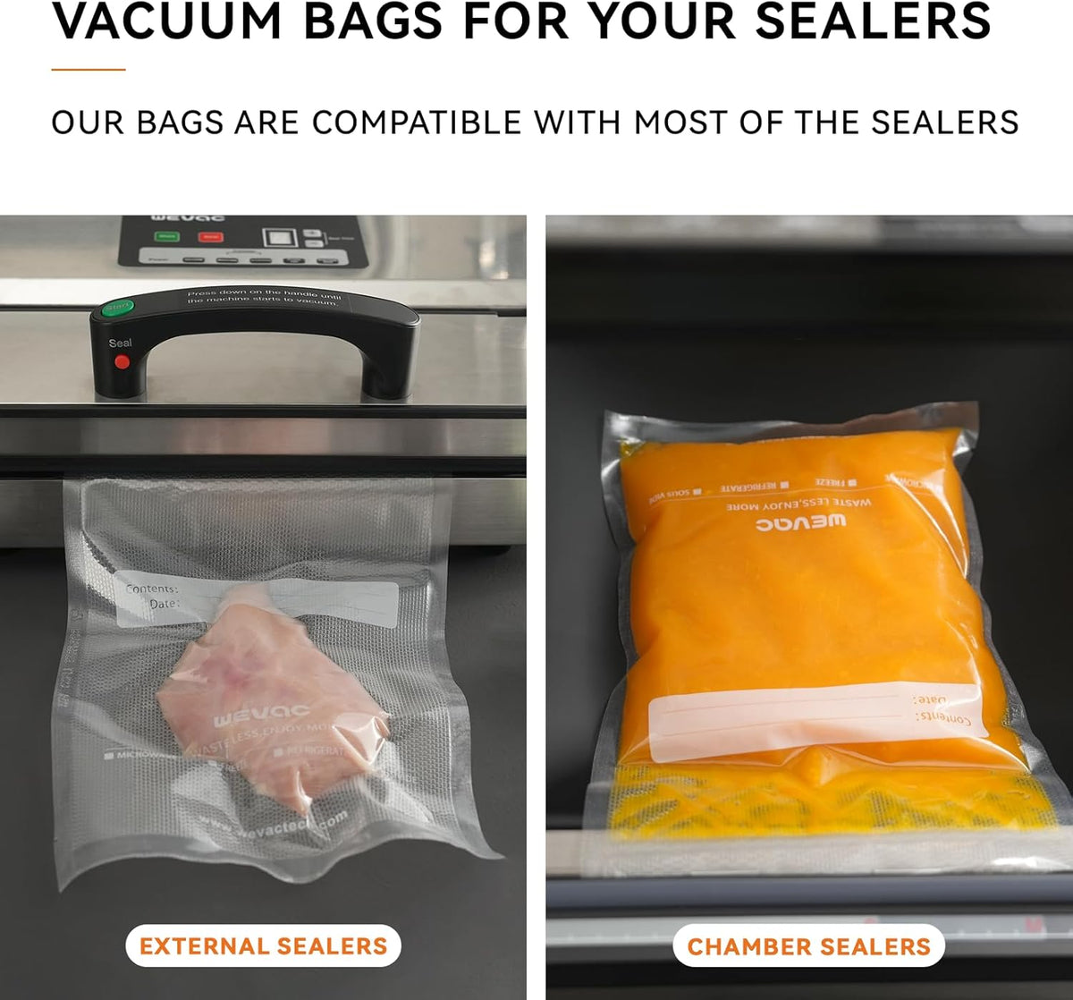 Wevac Vacuum Sealer Bags - Heavy Duty 8" x 12" Precut, 200 Count with Liquid Block & Bone Guard