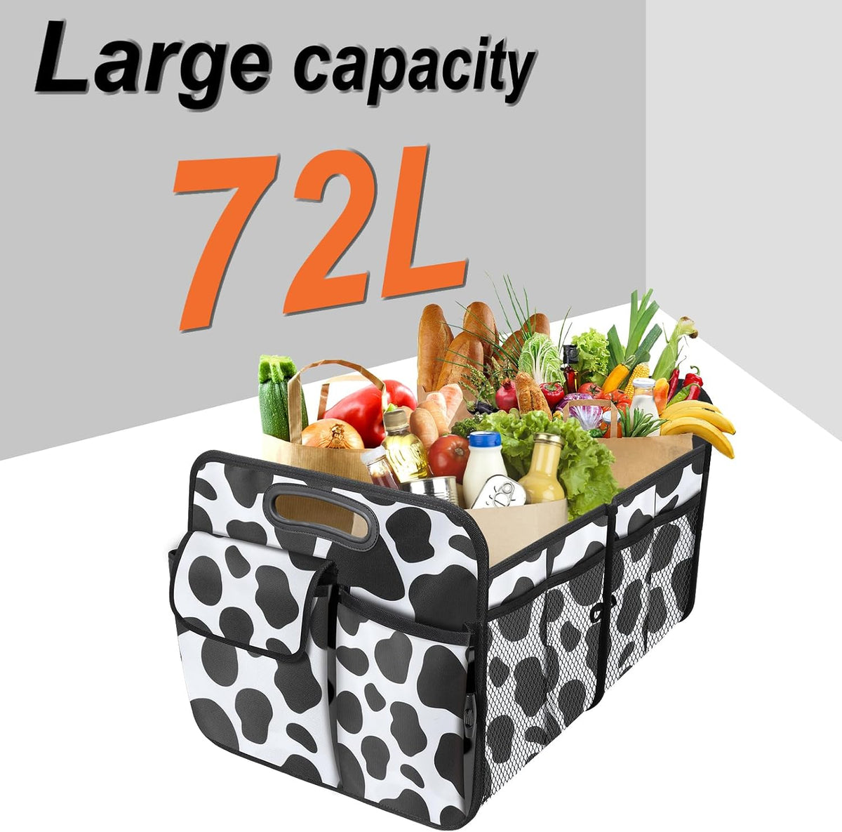Trunk Organizer for Car, 72L Collapsible Waterproof Car Organizers and Storage, Car Accessories for Women and Men, Multi-Compartment Storage Organizer for SUV, Cow Print