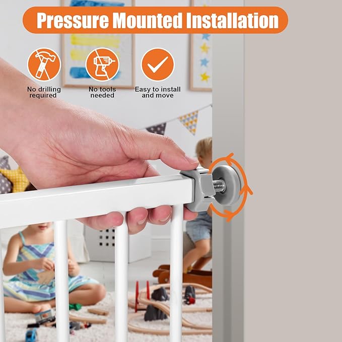 keny 29"-47.3" Extra Wide Baby Gate for Stairs, Auto Close Safety Dog Gate, Pressure Mounted No Drilling Pet Gate for Doorways, Easy Walk Through Stair Gate for Kids Todder, 30" Tall, White